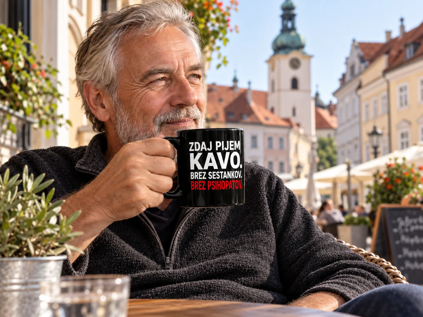 Predogled črne skodelice: Zdaj pijem kavo. Brez sestankov. Brez psihopatov.